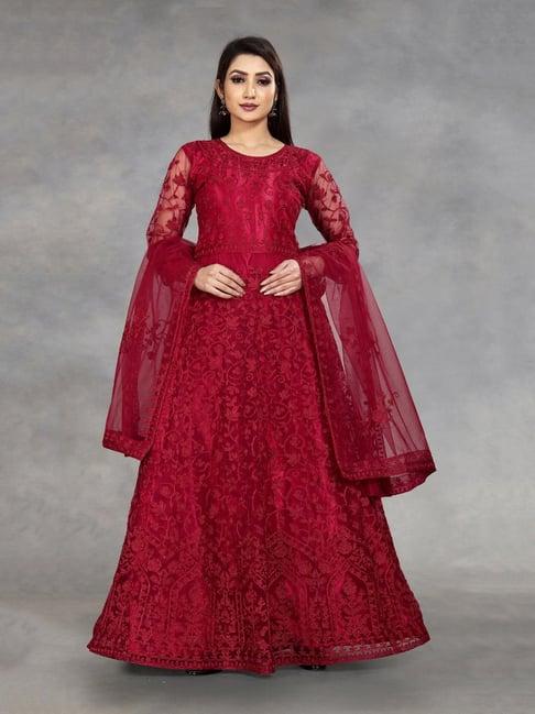 apnisha maroon embroidered semi-stitched gown