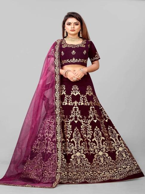 apnisha maroon embroidered semi stitched lehenga choli set with dupatta