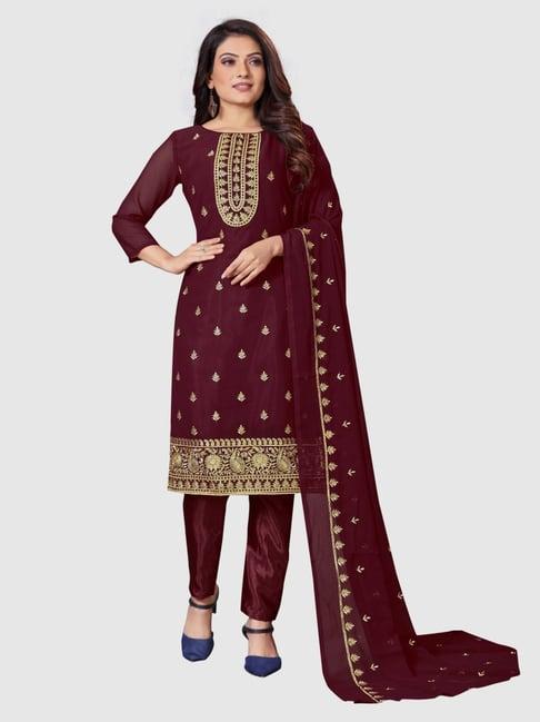 apnisha maroon embroidered unstitched dress material