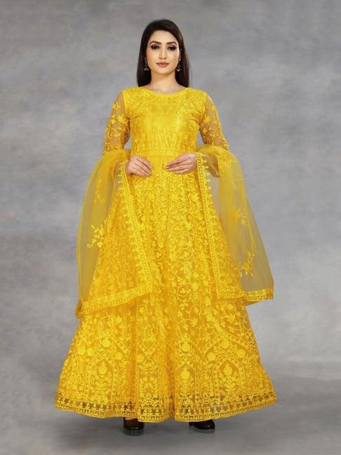 apnisha mustard embroidered semi-stitched gown