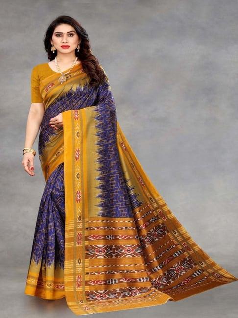 apnisha navy & yellow silk printed saree with unstitched blouse