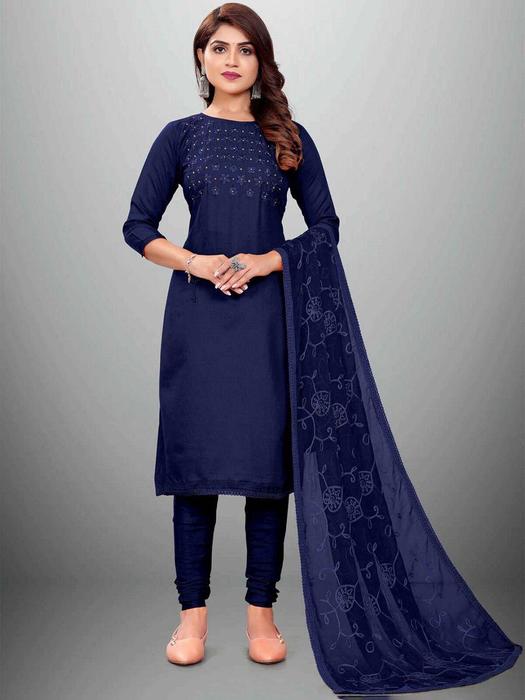 apnisha navy blue embroidered unstitched dress material