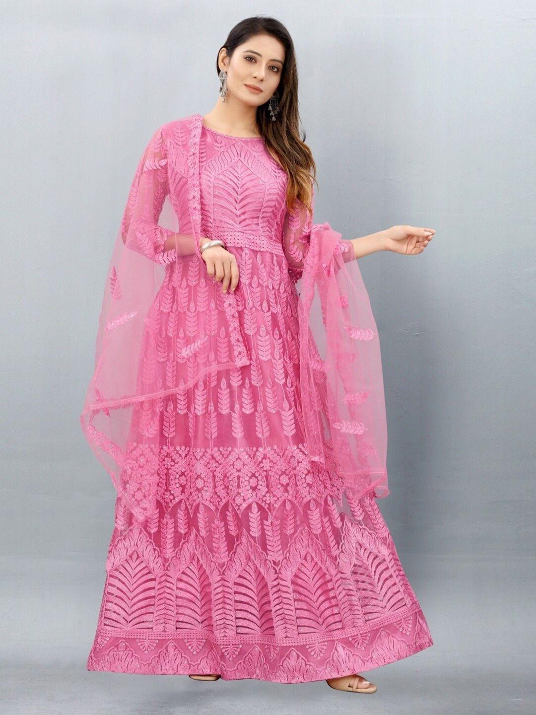 apnisha peach-coloured floral embroidered net ethnic maxi dress