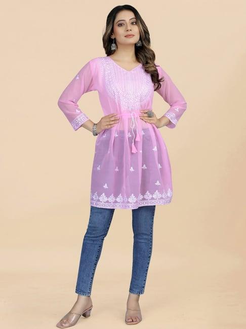 apnisha pink embroidered a line kurti