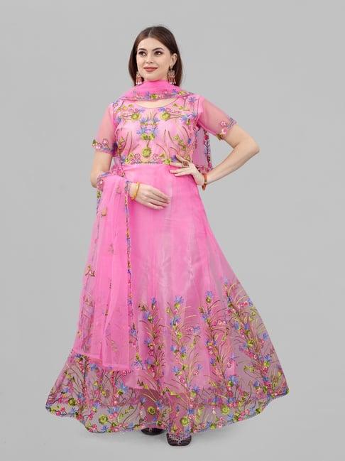 apnisha pink embroidered semi-stitched gown