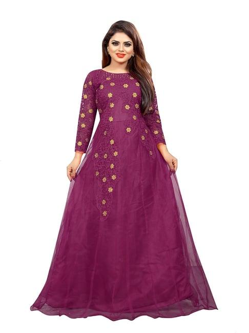 apnisha purple embroidered semi-stitched gown