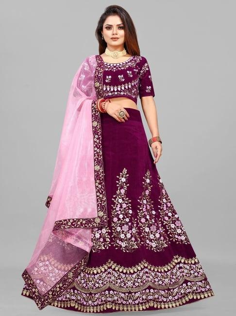 apnisha purple embroidered semi stitched lehenga choli set with dupatta