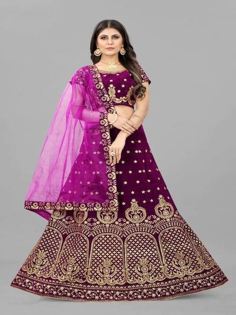 apnisha purple embroidered semi stitched lehenga choli set with dupatta