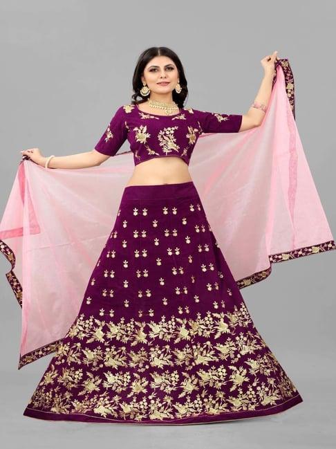 apnisha purple embroidered semi stitched lehenga choli set with dupatta