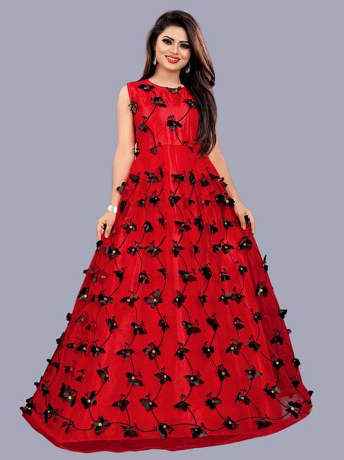 apnisha red & black embroidered semi-stitched gown