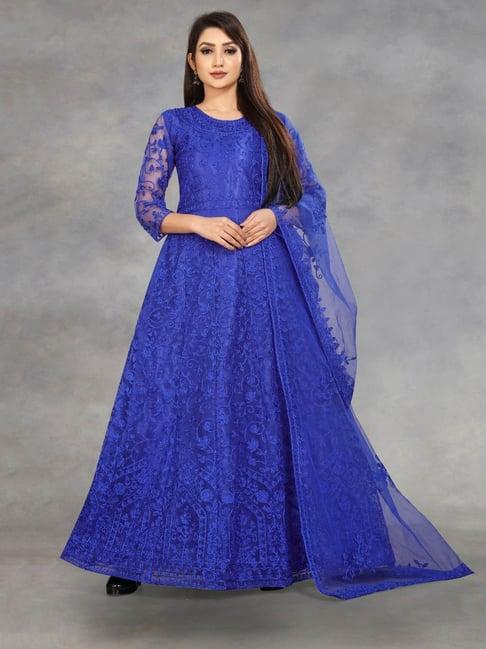 apnisha royal blue embroidered semi-stitched gown