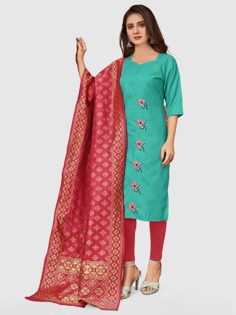 apnisha sea green cotton embroidered unstitched dress material