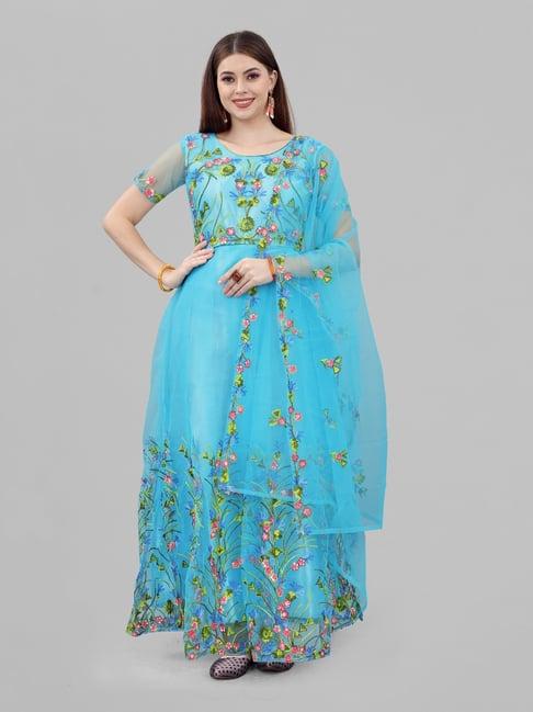 apnisha turquoise embroidered semi-stitched gown
