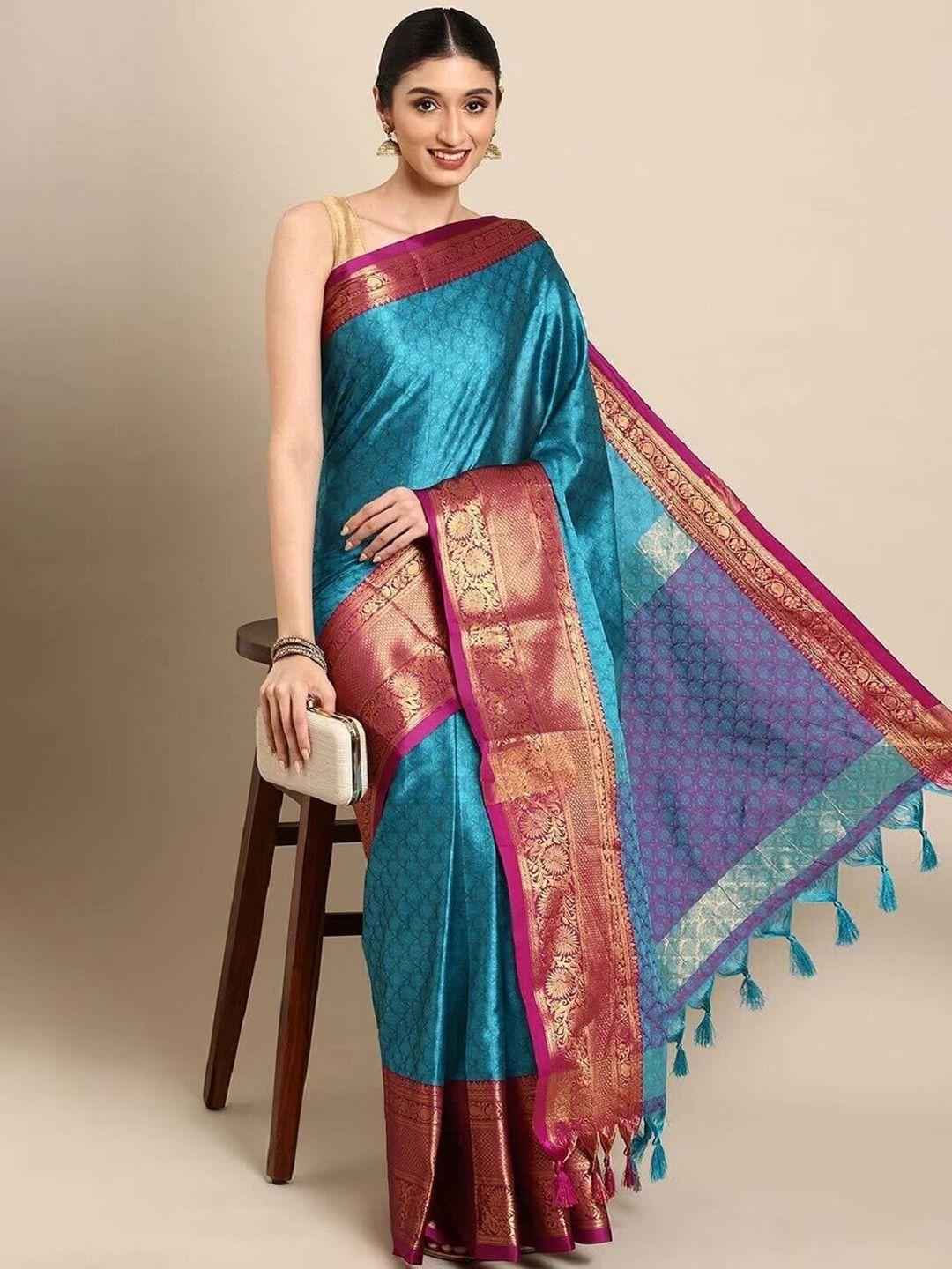 apnisha turquoise ethni woven design zari silk cotton banarasi saree