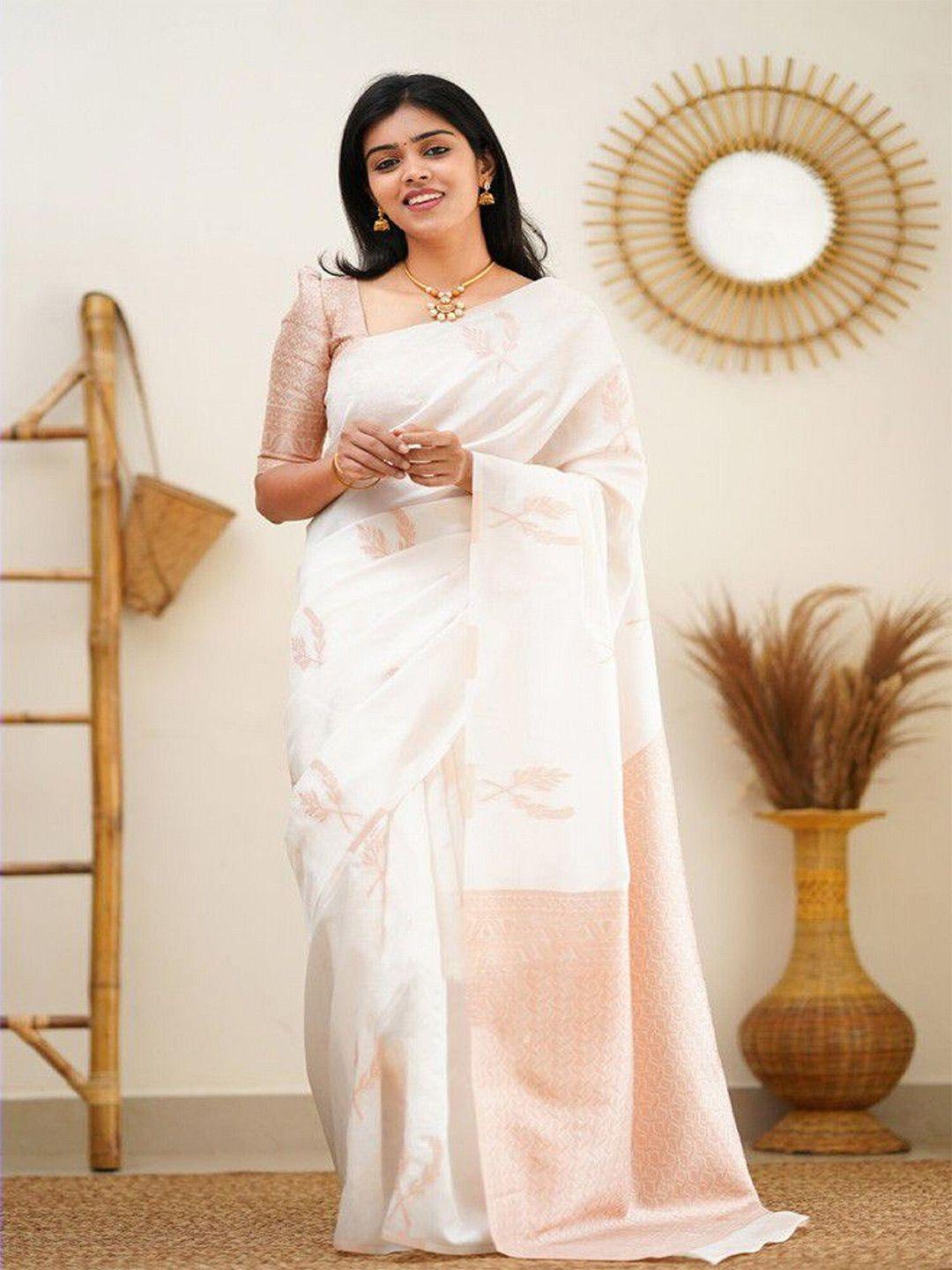 apnisha white & gold-toned woven design zari pure silk banarasi saree