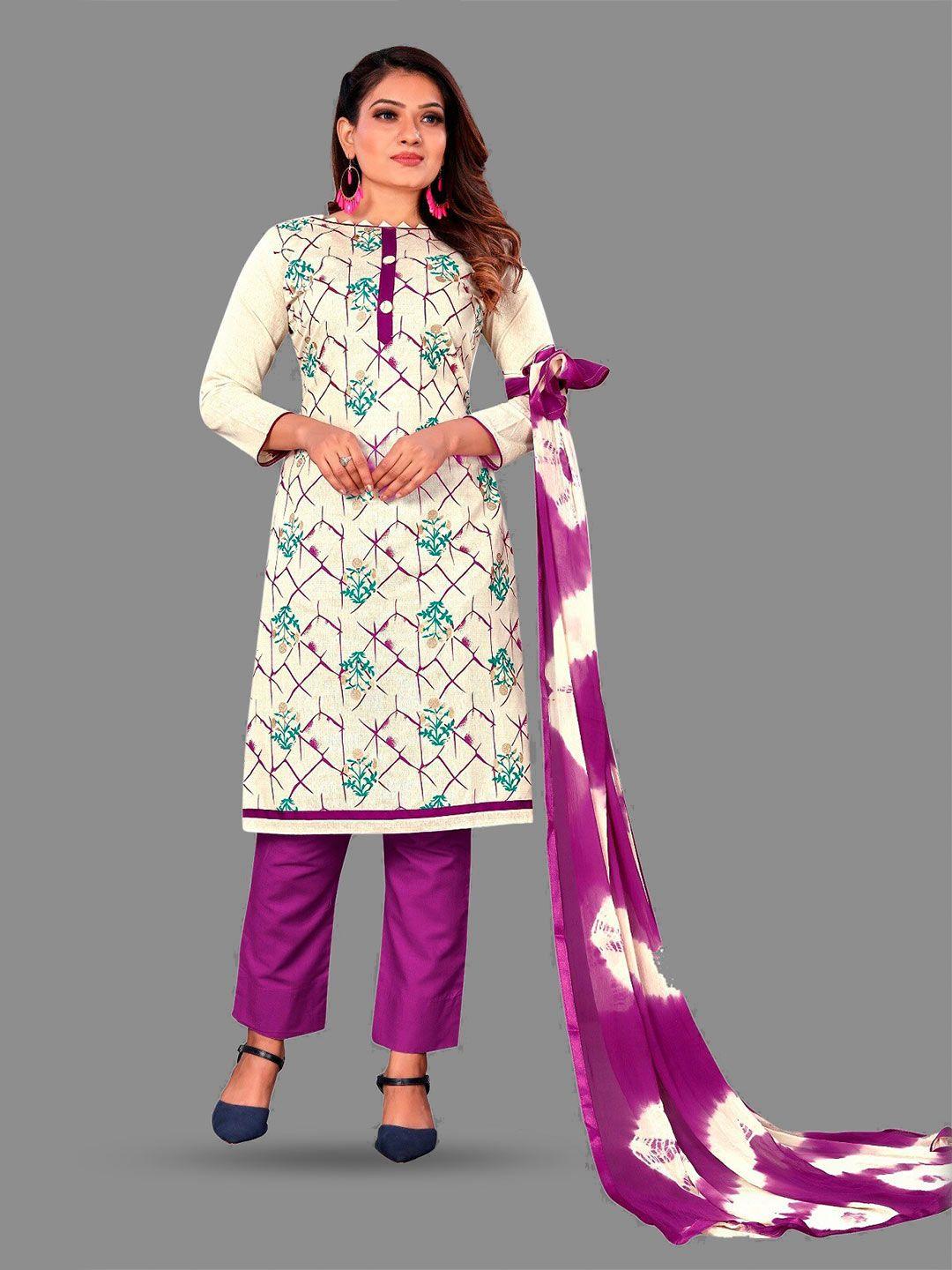 apnisha white & purple printed pure cotton unstitched dress material