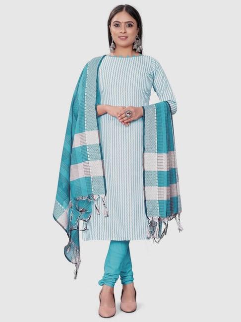 apnisha white & turquoise cotton striped unstitched dress material
