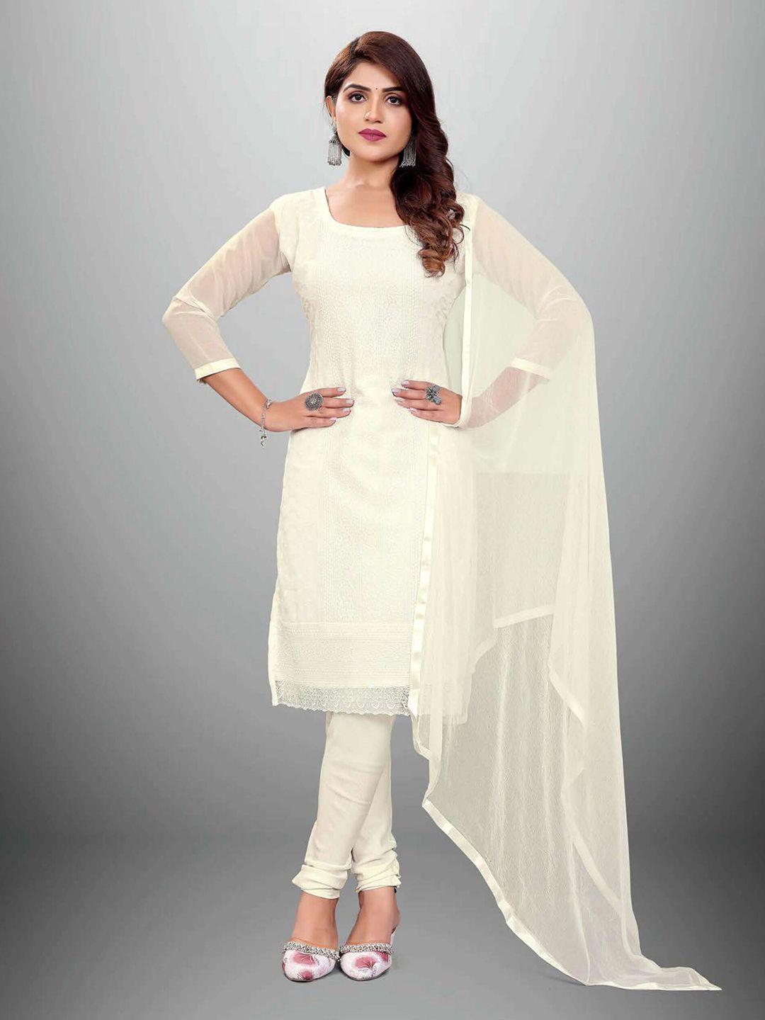 apnisha white embroidered silk georgette unstitched dress material
