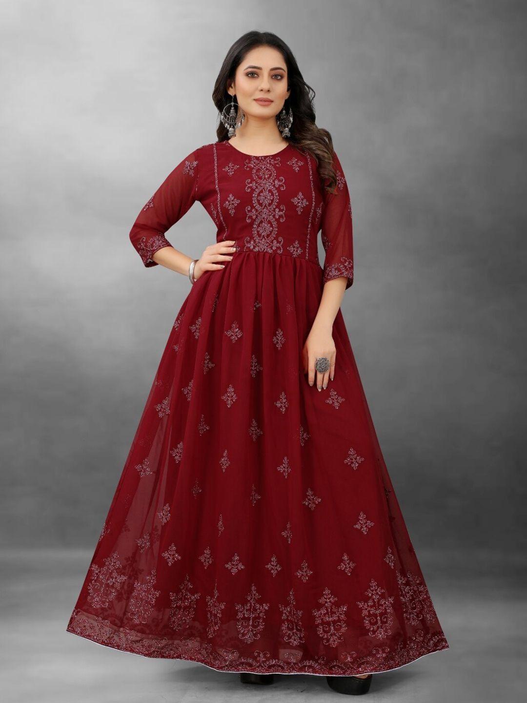apnisha women maroon embellished georgette maxi dress