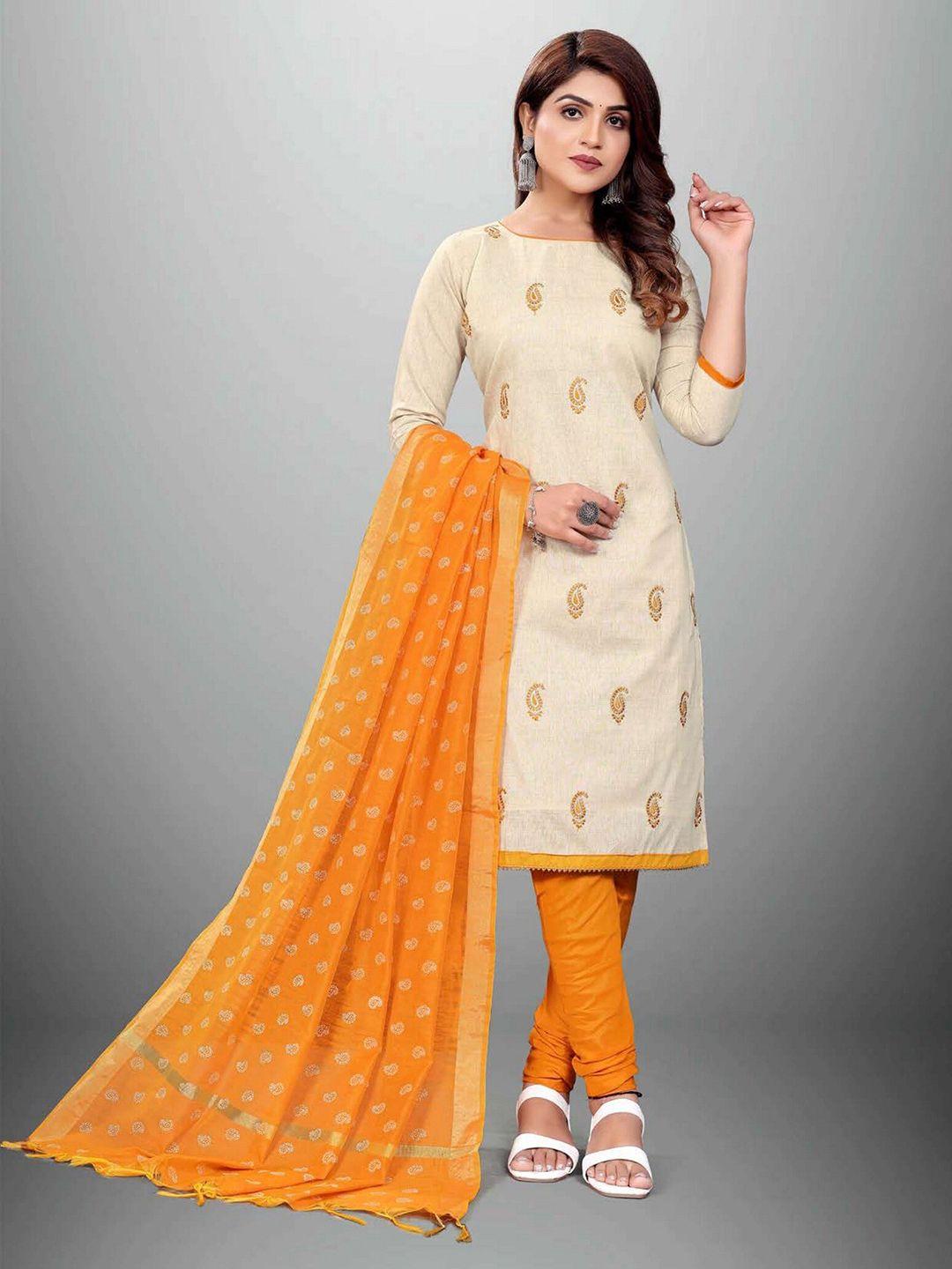 apnisha yellow & cream-coloured embroidered unstitched dress material