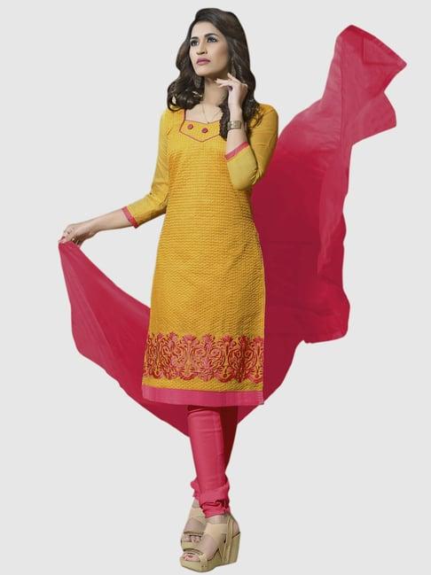 apnisha yellow & pink embroidered unstitched dress material
