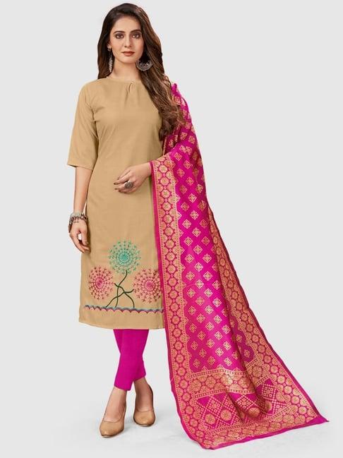 apnisha yellow cotton embroidered unstitched dress material