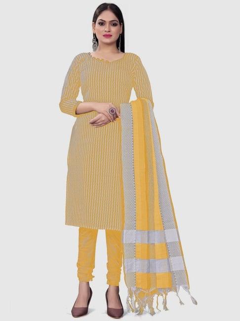 apnisha yellow cotton striped unstitched dress material