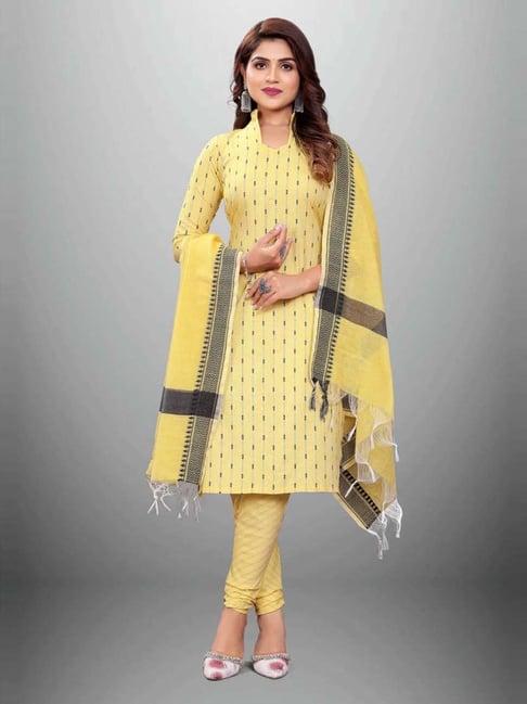 apnisha yellow cotton woven pattern unstitched dress material