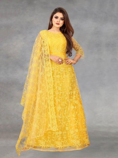 apnisha yellow embroidered semi-stitched gown