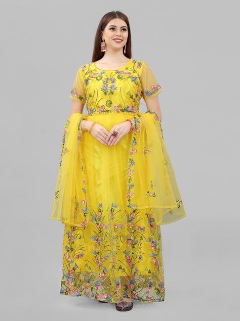 apnisha yellow embroidered semi-stitched gown