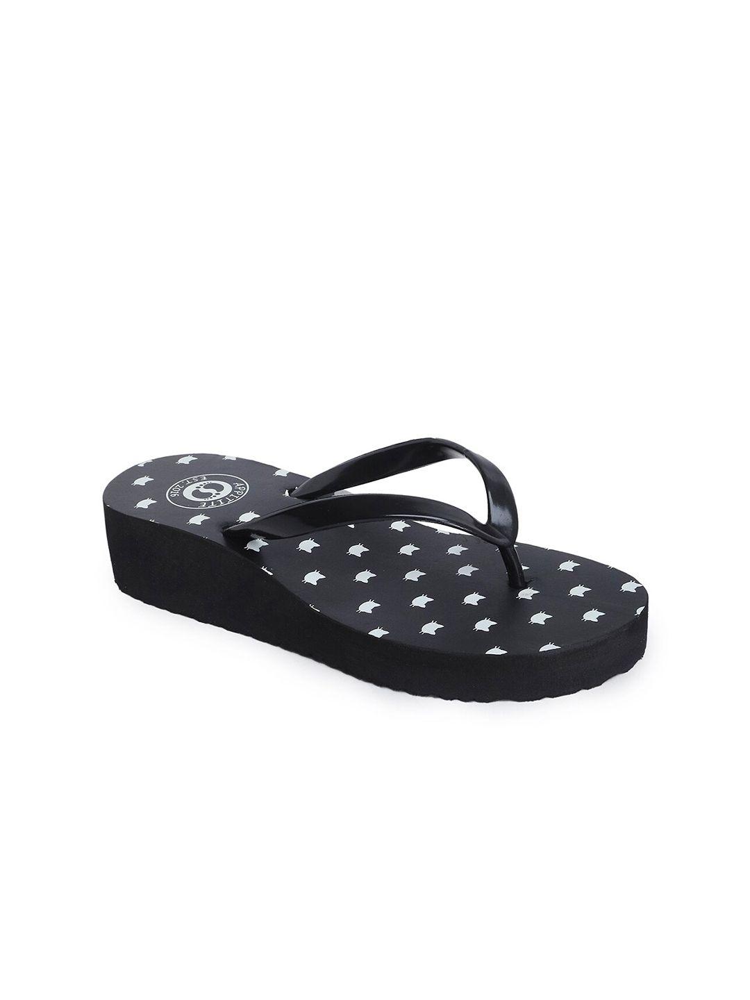 appitite women black & white printed heeled thong flip flop