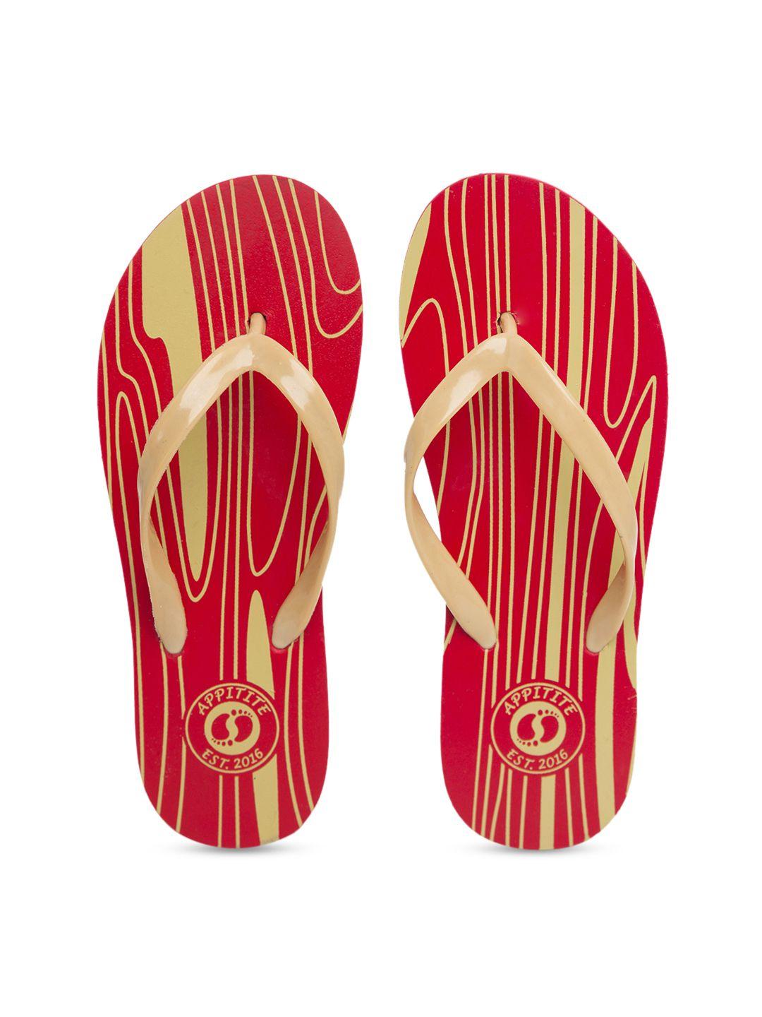 appitite women red & gold-toned printed rubber thong flip-flops