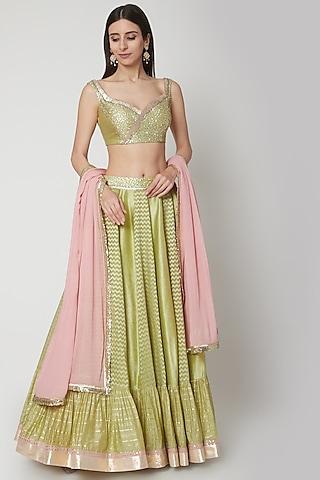 apple green cotton silk zardosi embroidered striped lehenga set