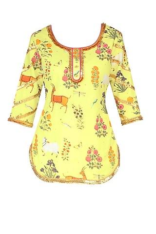 apple yellow floral and animal printed kurta and ecru dhoti pants set