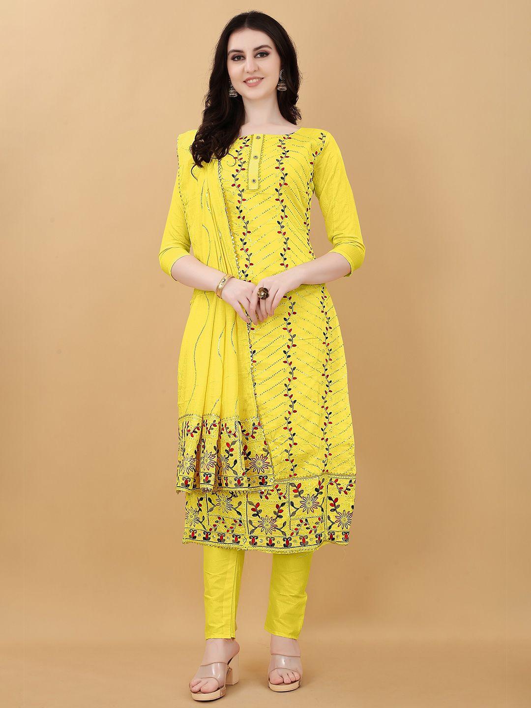 applix style women yellow & silver-toned embroidered unstitched dress material