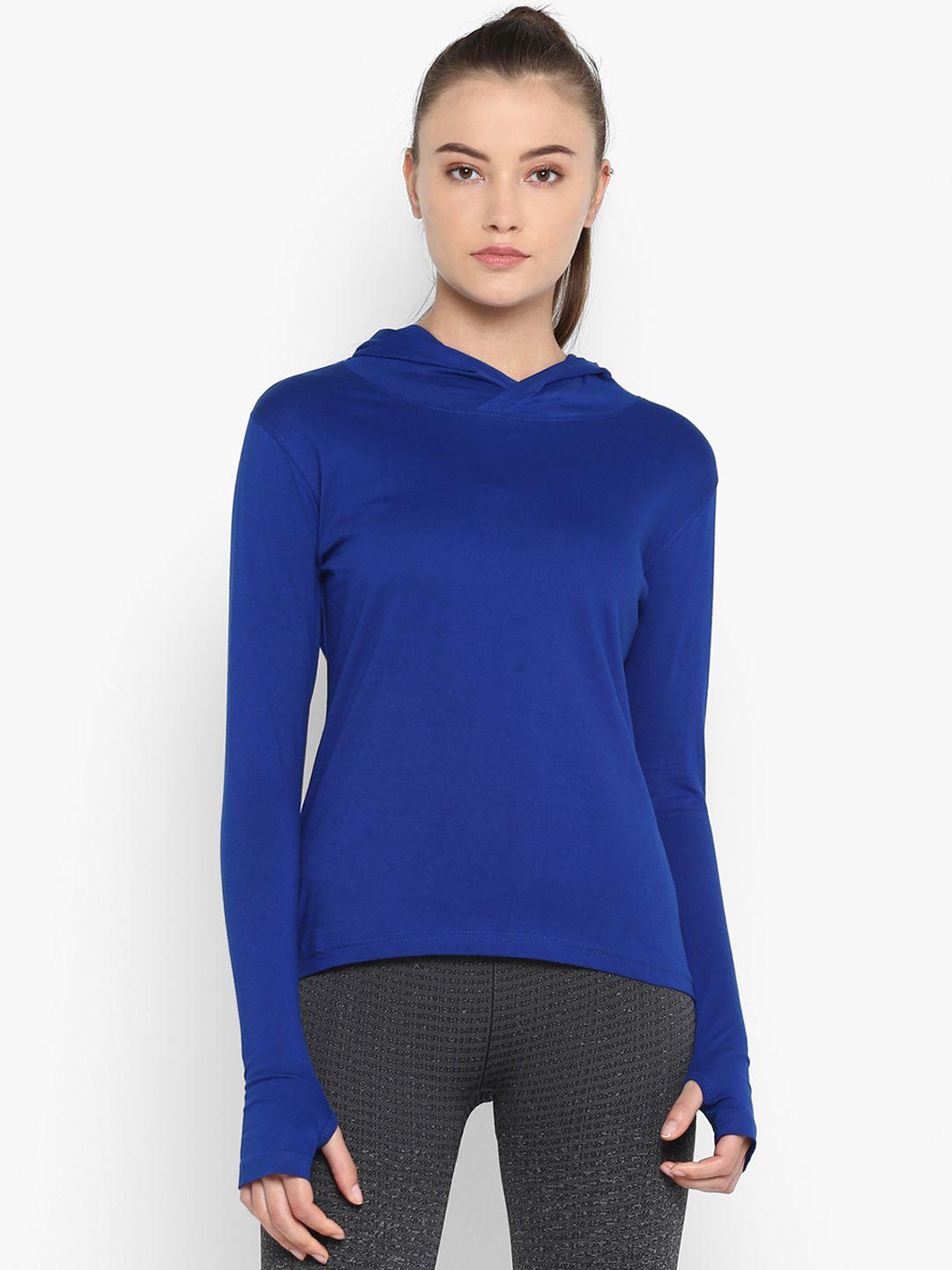 appulse women blue solid hood t-shirt