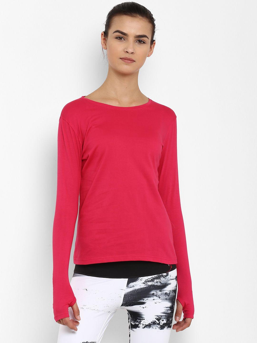 appulse women fuchsia pink solid round neck slim fit t-shirt