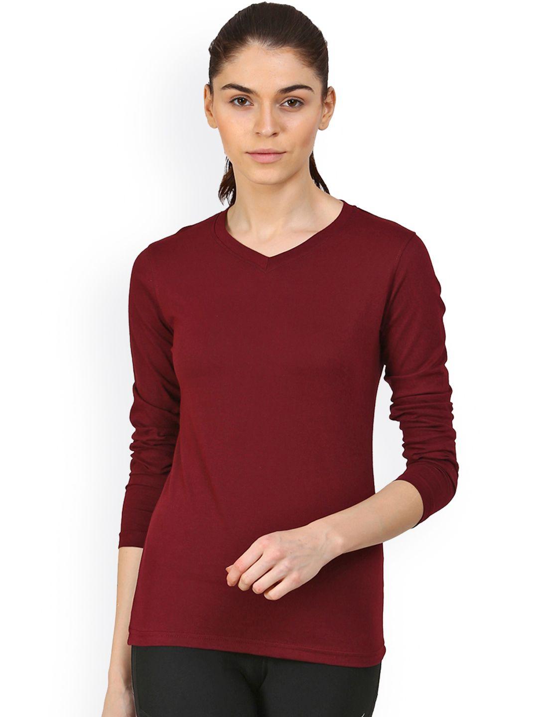 appulse women maroon solid v-neck t-shirt