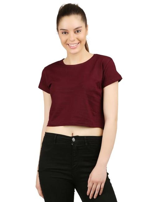 appulse maroon cotton slim fit crop top