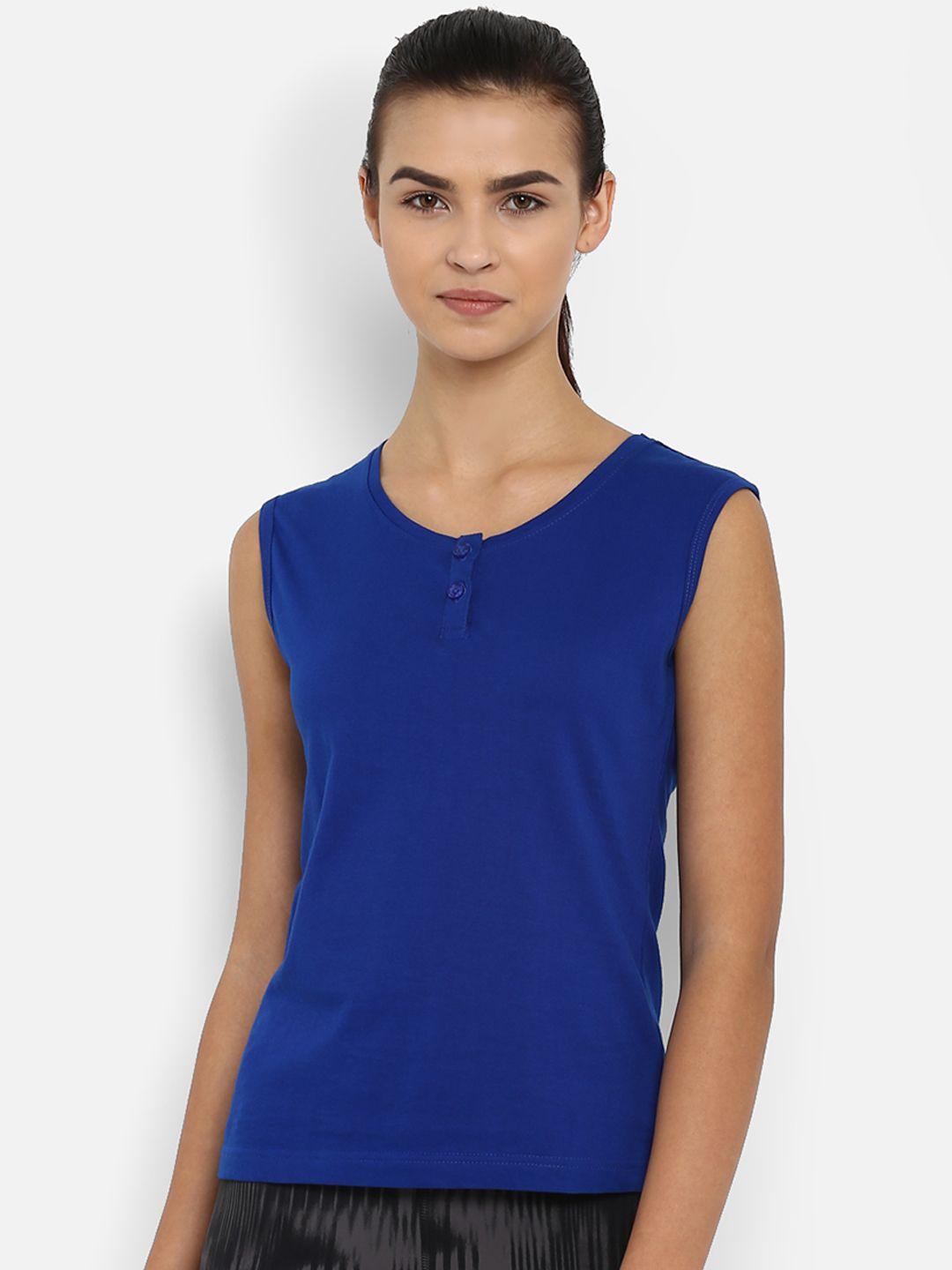 appulse women blue solid henley neck sleeveless slim fit t-shirt