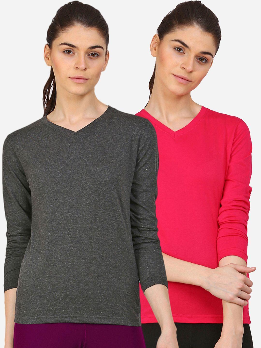 appulse women charcoal & pink 2 v-neck slim fit running t-shirt