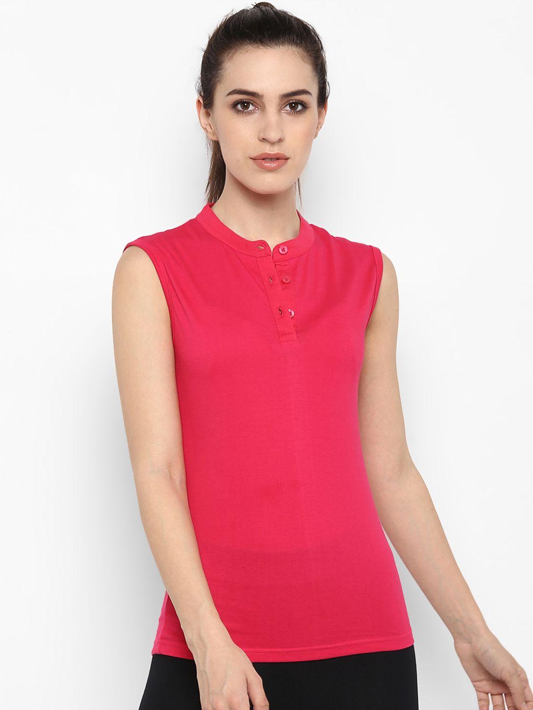 appulse women coral pink solid mandarin collar t-shirt