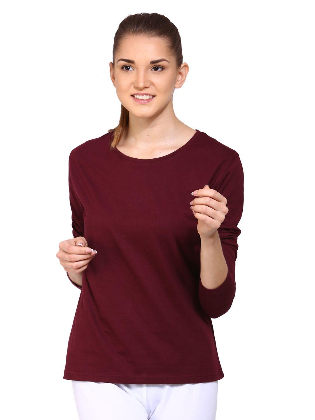 appulse women maroon solid round neck t-shirt