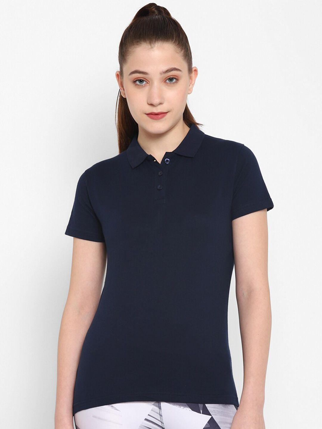 appulse women navy blue polo collar pockets slim fit t-shirt
