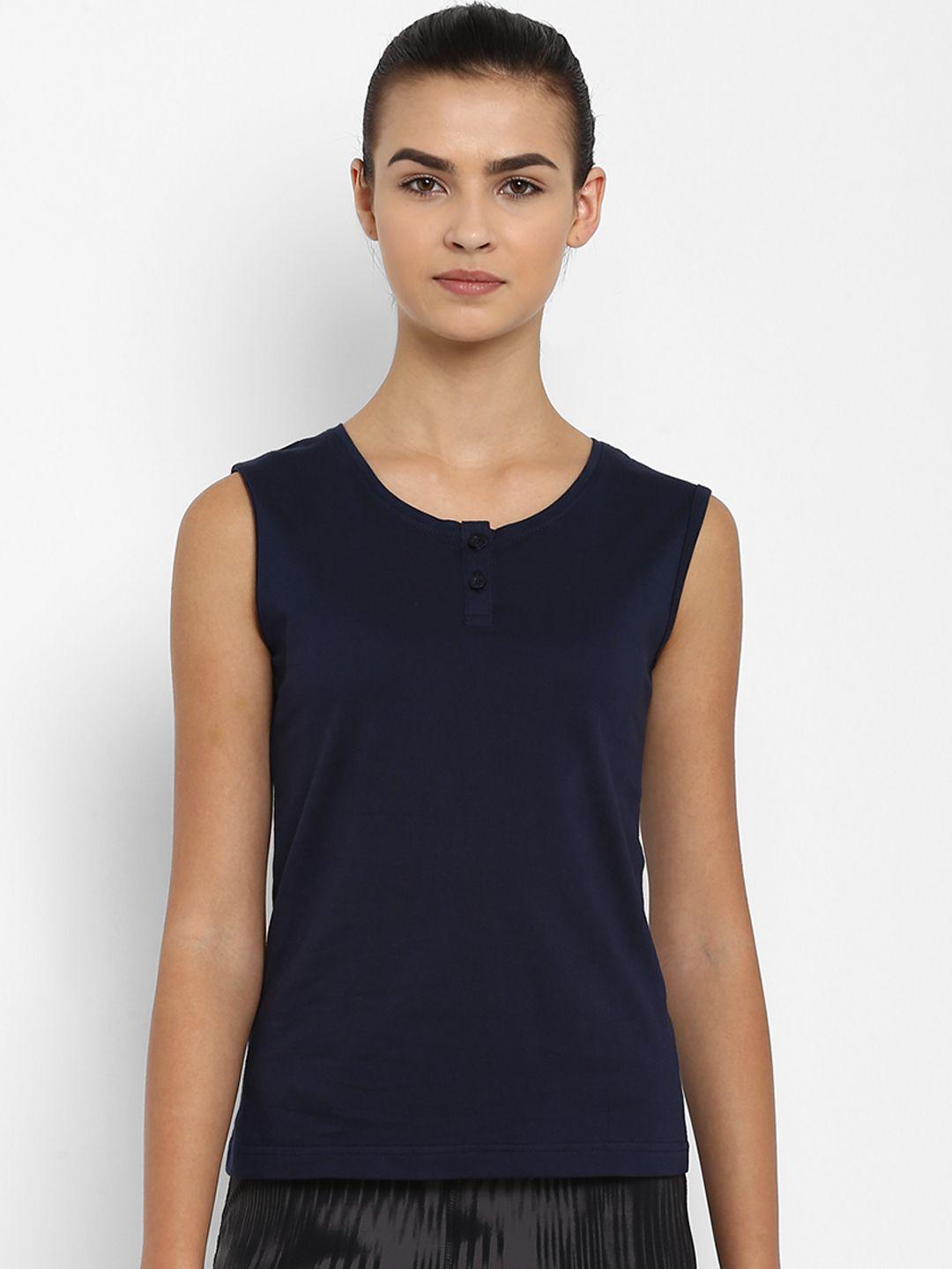 appulse women navy blue solid henley neck sleeveless slim fit t-shirt