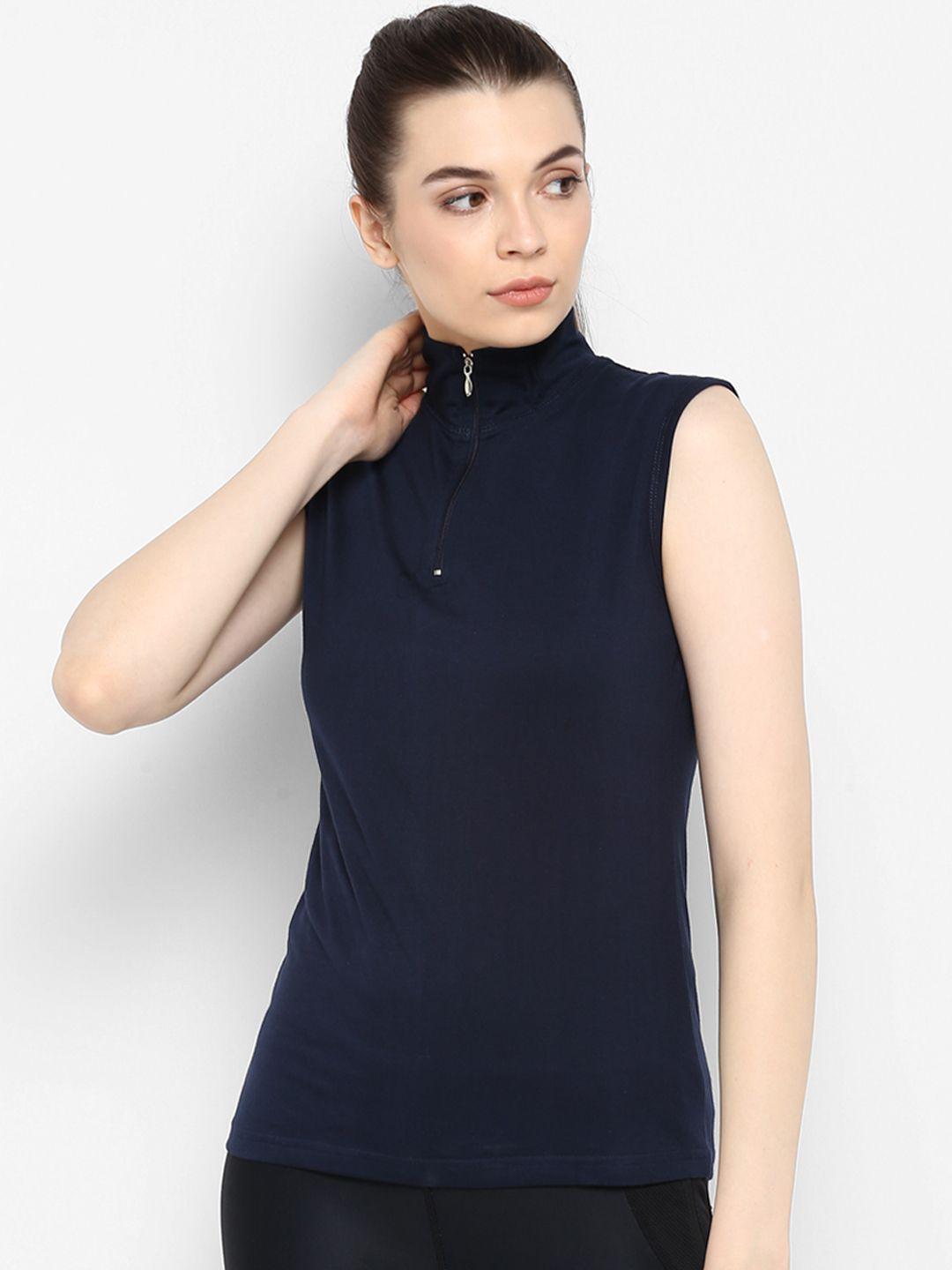 appulse women navy blue solid high neck t-shirt