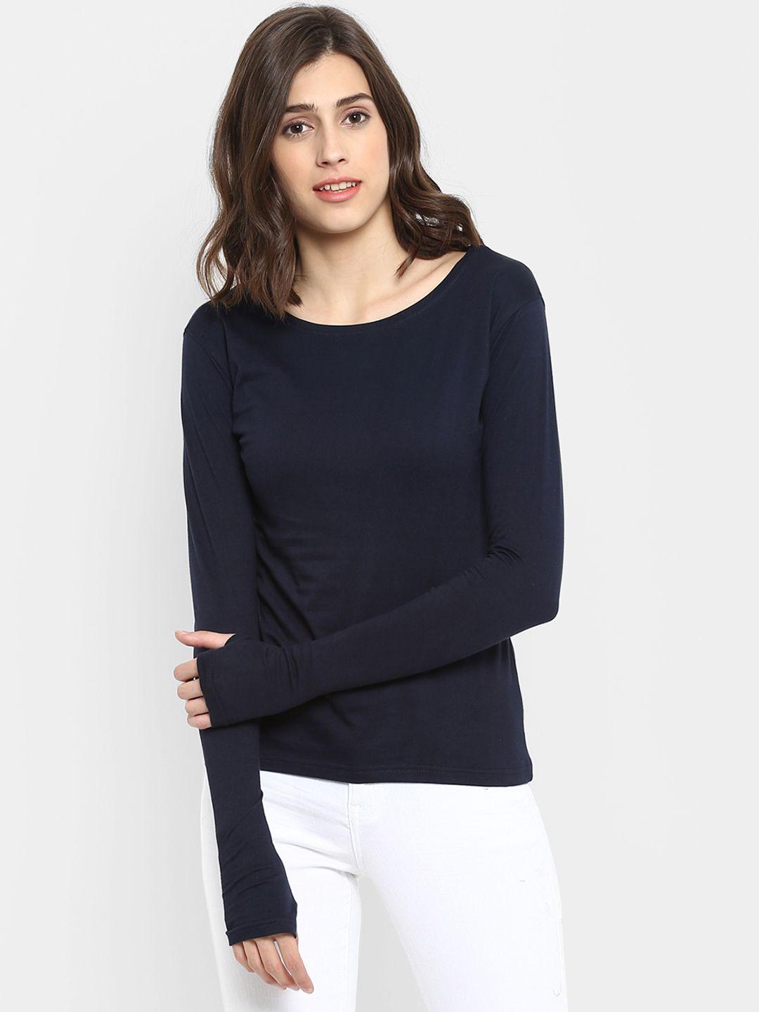 appulse women navy blue solid round neck t-shirt