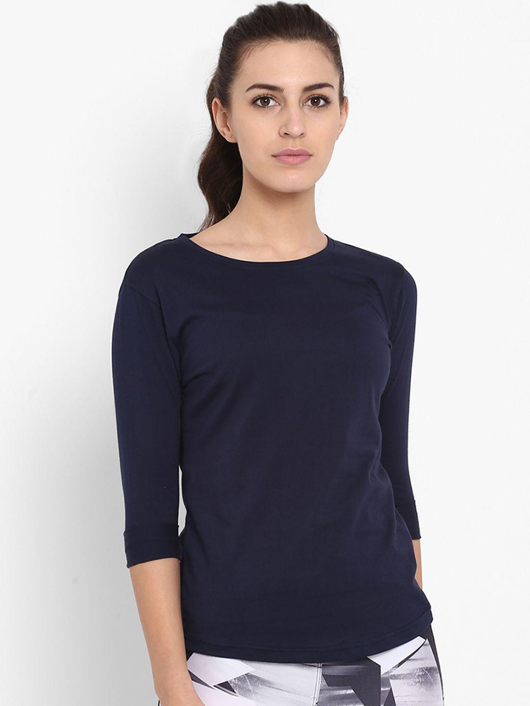 appulse women navy blue solid round neck t-shirt