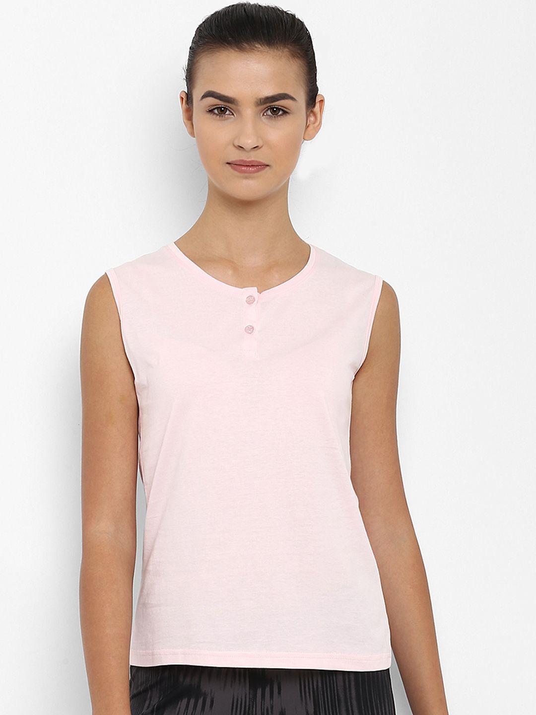 appulse women pink solid henley neck sleeveless slim fit t-shirt
