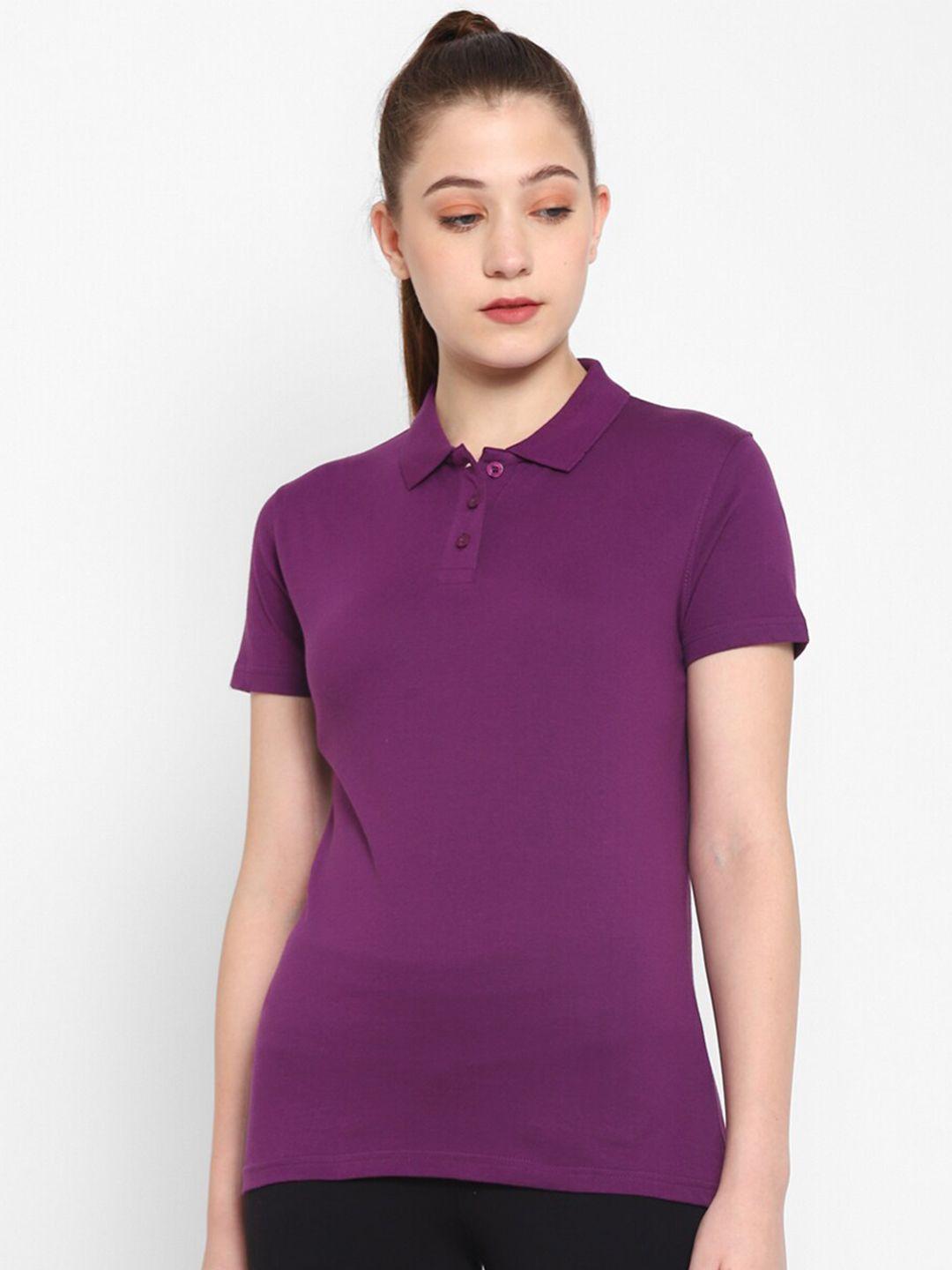 appulse women purple polo collar pockets slim fit t-shirt